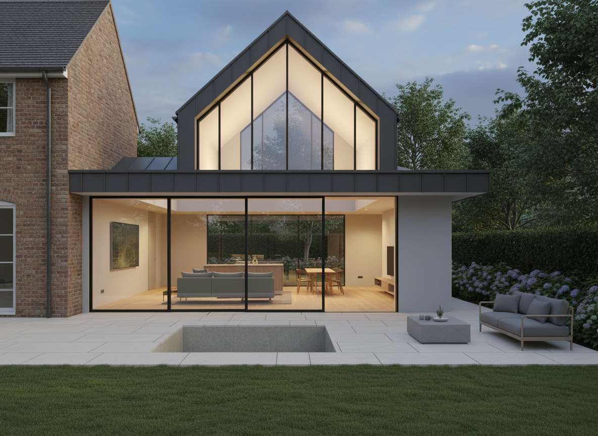 A modern two-storey extension to a detached UK house featuring a dramatic full-height glass gable front, slim black aluminium frames, and warm internal lighting at dusk, shown in a high-quality architectural visualisation style.